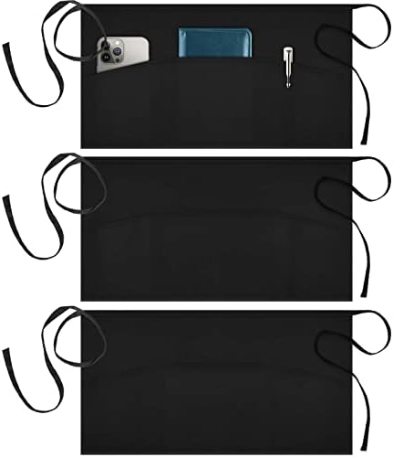 Syntus 3 Pack Cotton Server Apron with Pockets for Women, Black Waist Apron by Syntus