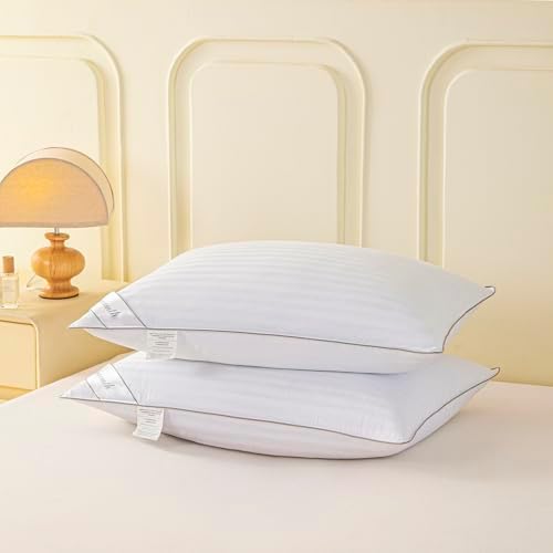 Goose Feather Down Bed Pillow for Sleeping, Hotel Collection Queen Size Soft Bed Pillow,100% Cotton Cover Queen Size Stripe White 1 Pack - Image 4