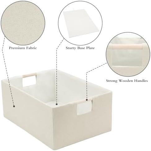 Foldable Fabric Storage Basket for Shelves, Linen Decorative Storage Bin with Wooden Handles, Small Organizer Cube for Closet, Rectangle Canvas Box for Organizing, Decor, 15x10.6x6 Inches (Beige) - Image 3
