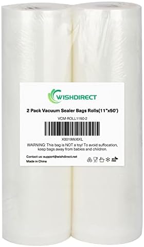 Vacuum Sealer Bags Rolls 2-Pack 11"X50' Commercial Grade BPA Free Double Sides Textured Vacuum Seal Bags Compatible with FoodSaver and Sous Vide Cooking (Total 100 Feet) by WishDirect