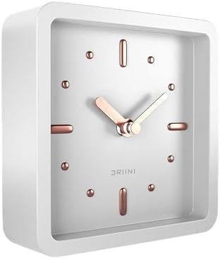 Driini Modern Mid Century Desk & Shelf Clock (White Rose Gold) - Battery Operated with Silent, Analog Movement – Small Tabletop Clocks for Office – Perfect for Mantle, End Table, Desktop or Nightstand by Driini