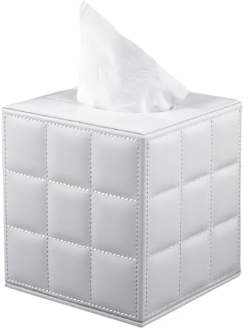 Tissue Box Cover Square,Stylish PU Leather Tissue Box Holder for Dresser Bathroom,Facial Tissue Holder with Magnetic Bottom for Home Office (White) by RHCSZ
