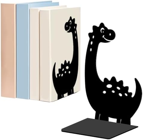 WADORN Cartoon Dinosaur Metal Bookends for Shelves Decorative 1 Pair, Heavy Duty Books End Support Non-Skid Book Holder Black L-Shaped Book Stopper for Home Office Desk Book Divider, 4.7x3.5x7 Inch by WADORN