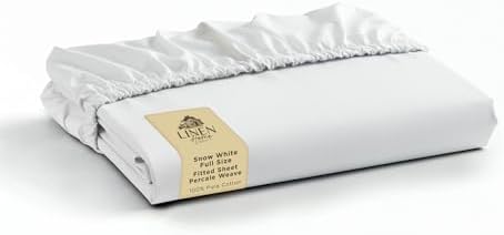 Linen Home 100% Cotton Percale Fitted Sheet only, Full Size, Snow White by LINENHOME