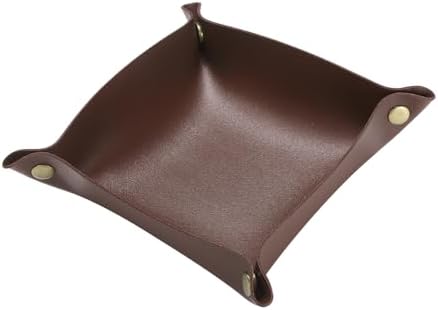 HARFINGTON PU Leather Valet Tray Unisex Folding Small Catchall Tray Portable Entryway Table Tray Nightstand Bedside Desk Tray for Key Wallet Watch Coin Jewelry Dice, Dark Brown - Image 3