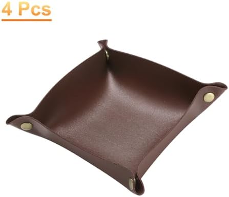 HARFINGTON 4pcs PU Leather Valet Tray Unisex Folding Small Catchall Tray Portable Entryway Table Tray Nightstand Bedside Desk Tray for Key Wallet Watch Coin Jewelry Dice, Dark Brown - Image 3