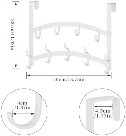 Consumest Over the Door Hooks Organizer - 2 Tier Door Hanger with 14 Hook Heavy Duty Stainless Steel for Towels, Coats, Jackets & Bags, Towel Rack for Bathroom Bedroom, Fits Up to 1.77" Doors, White - Image 5