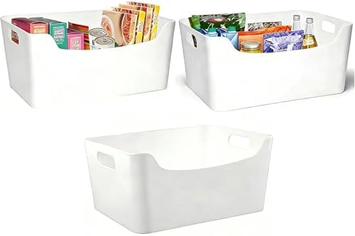 3 Pack Large BPA‑Free Plastic Storage Bins with Handles, 4 Gallon White Open‑Top Organizer Containers, 13.78" x 10.24" x 5.71" Storage Baskets for Kitchen Pantry, Cabinet, Closet, Bathroom & Office by Ytteve