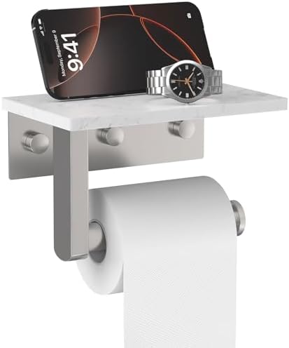Brushed Nickel Toilet Paper Holder with Marble Shelf Tissue Roll Holder by BATHLAVISH