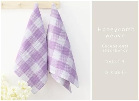 Waffle Weave Plaid Dish Cloth, DishTowel 15x25"Set of 4 - Lavender & White - Image 3