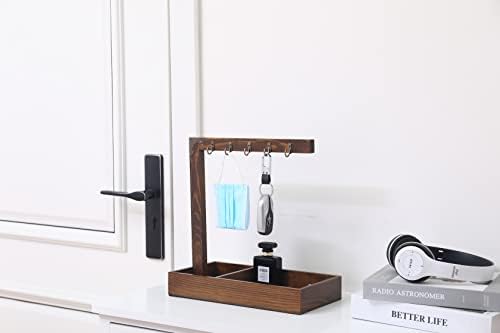 Wood Entryway Tabletop Key Holder Rack，Rustic Burnt Decorative Organizer with Storage Tray and Brass Tone Hooks，Jewelry Key Stand Hanging Organizer by Unknown