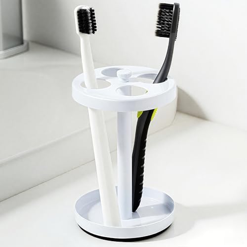 White Stainless Toothbrush Holder Stand: Rustproof Bathroom Countertop Organizer, 4 Ventilated Slots Hold Manual Toothbrushes, Razor by Unknown