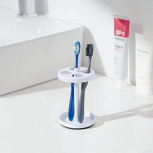 White Stainless Toothbrush Holder Stand: Rustproof Bathroom Countertop Organizer, 4 Ventilated Slots Hold Manual Toothbrushes, Razor - Image 2
