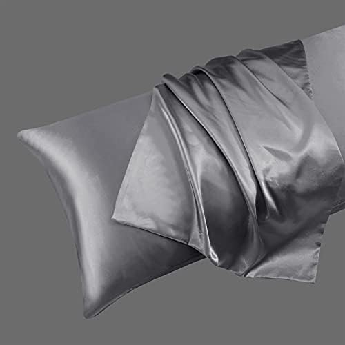 Ersmak Satin Body Pillow Cover, 20x54 Inches Grey Ultra Soft Case for Hair and Skin, Silky Slip Cooling Long Side Pillowcase With Envelope Closure - Image 3