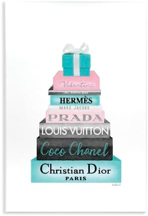 The Stupell Home Décor Collection High Fashion Bookstack Pink with Blue Box and Bow Wall Plaque Art, 13 x 19, Multi-Color by StupellIndustries