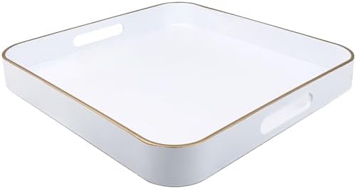 White Square Decorative Tray with Handles, 13"*13" Versatile Serving Tray for Coffee Table, Ottoman, Ideal for Serving, Displaying, Organizing by Omuriko