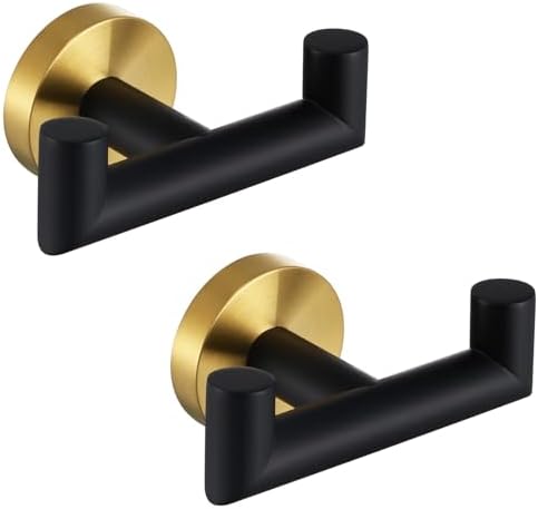 Angle Simple Double Towel Hooks, Bathroom Robe Coat Hook 2 Pack, Black Gold by AngleSimple