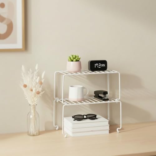 2-Pack Small (10.8x5.3inch) White Stackable Shelf Organizer Rack, Kitchen Shelves Organization for Cabinet, Pantry Organizers and Storage, Wire Shelf Rack, Desk Organizer, Rustproof - Image 4