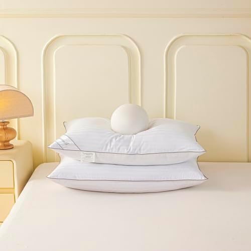 Goose Feather Down Bed Pillow for Sleeping, Hotel Collection Queen Size Soft Bed Pillow,100% Cotton Cover Queen Size Stripe White 1 Pack - Image 3