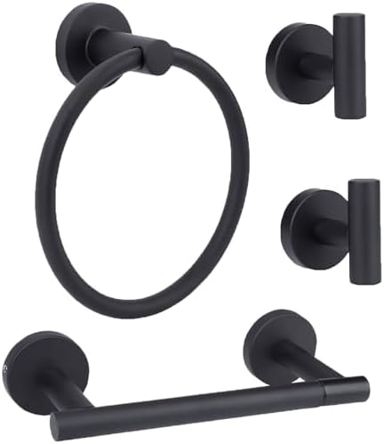 4-Piece Matte Black Bathroom Accessories Hardware Set,Include Double Post Pivoting Toilet Paper Holder,Towel Ring and 2 Towel Hooks by Ntipox
