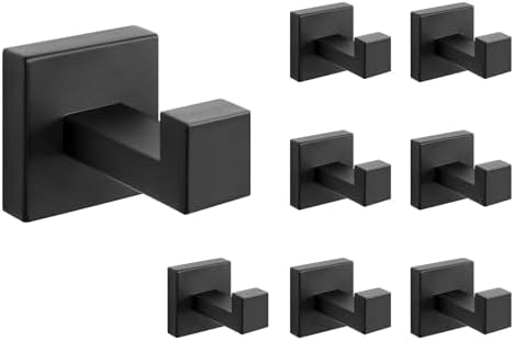 NearMoon Bath Towel Hooks -SUS304 Stainless Steel Square Clothes Robe Hooks Hanger, Heavy Duty Coat Hooks for Bathroom Livingroom Hotel Kitchen Garage, Wall Mounted (8 Pack, Matte Black) by NearMoon