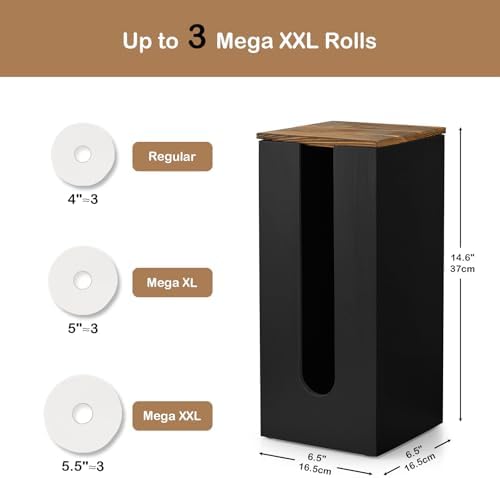OUTNILI Freestanding Toilet Paper Holder Stand with Lid, Black Wooden Toilet Paper Storage Organizer for Bathroom Floor, Rustic Farmhouse Toilet Paper Storage Holds 3 Extra Large Rolls - Image 5