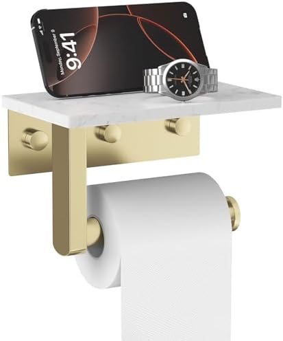 Brushed Gold Toilet Paper Holder with Marble Shelf Tissue Roll Holder by BATHLAVISH