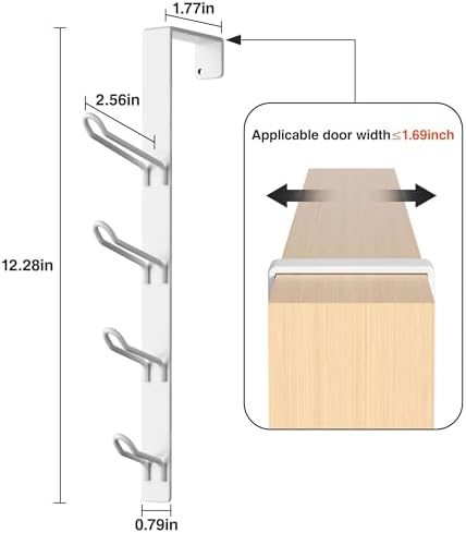 niffgaff 8 Hook Over The Door Hooks, Vertical Over The Door Towel Hook, Over Door Hook, Over The Door Hanger, for Towel and Clothes Hangers, White, 2 Pack,12.28“,for 1.7'' Door - Image 2
