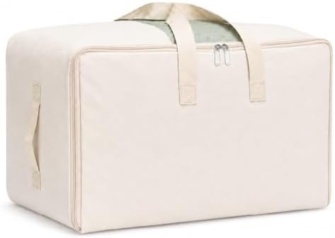DoYiKe Soft Canvas Clothes Storage Bags with Four Carrying Handles and Clear Window, Closet Organizer for Clothing, Blankets Sheets and Bedding, 55L, Beige by DoYiKe