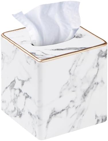 PU Leather Tissue Box Cover Square, Marble Facial Tissue Cube Box Holder by YAPISHI