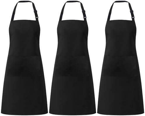 3 Pack Black Aprons with Pockets Adjustable Waterproof for Kitchen by Okxir
