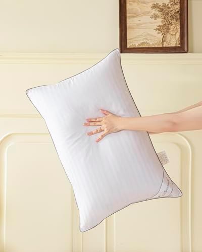 Goose Feather Down Bed Pillow for Sleeping, Hotel Collection Queen Size Soft Bed Pillow,100% Cotton Cover Queen Size Stripe White 1 Pack - Image 6