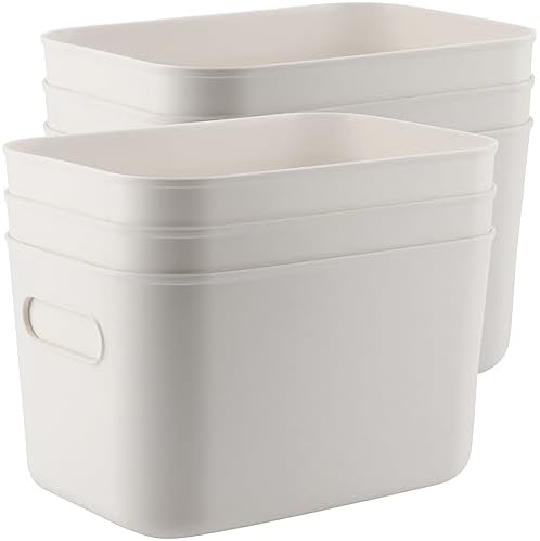 MOUYAT 6 Pack White Plastic Storage Bins with handles, 10 x 7 x 6 Inch Stackable Storage Baskets Boxes, Kitchen Organizer Bins for Shelves Drawers Pantry Closet Bathroom by MOUYAT