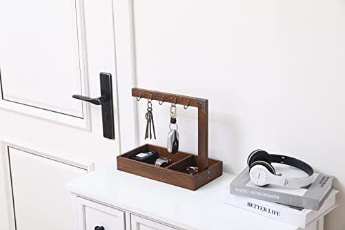 Wood Entryway Tabletop Key Holder Rack，Rustic Burnt Decorative Organizer with Storage Tray and Brass Tone Hooks，Jewelry Key Stand Hanging Organizer - Image 2
