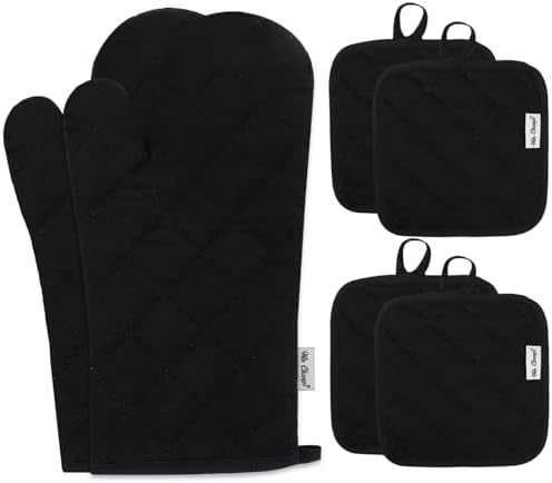 Oven Mitts and Pot Holders Sets,6 Pcs Oven Mitts and Potholders with Recycled Cotton High Heat Resistant Extra Thick Long Oven Mitts for Cooking(Black) by Win+Change