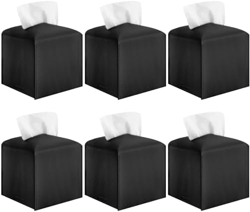 6-Pack Square Tissue Box Cover Holder, Black PU Leather Decorative Covers for Living Room, Bathroom, Office & Car by VZZNN