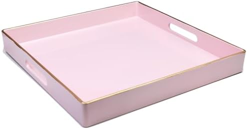 Spsyrine Pink Decorative Serving Tray with Handles, 13" X 13" Square Plastic Coffee Table Tray for Ottoman, Living Room, Bathroom, Home Decor. by Spsyrine