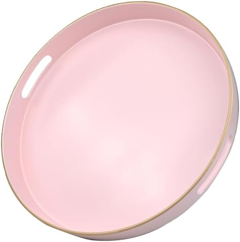 Pink Round Decorative Tray with Handles, 13" Versatile Serving Tray for Coffee Table, Ottoman, Ideal for Serving, Displaying, Organizing by Omuriko