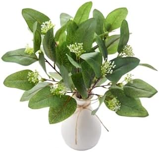 12 Inch Artificial Eucalyptus Plant in White Ceramic Vase Faux Greenery Arrangement with Buds Small Farmhouse Tabletop Decor for Bathroom Bedroom Kitchen Office by EZBOHO