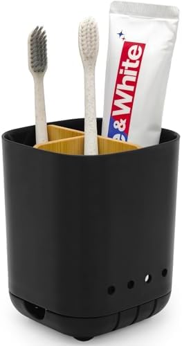 Toothbrush Holder with Bamboo Divider,Detachable for Easy Cleaning Bathroom Countertop Organizer,Plastic 3 Slots Electric Toothbrush and Toothpaste Holders Storage Caddy for Bathroom Vanity,Sink-Black by Scartink