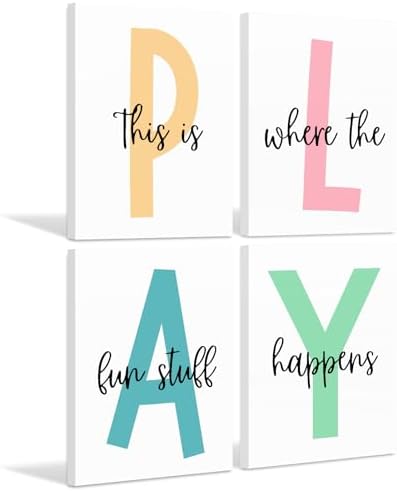 Baccone Kids Playroom Wall Art Playroom Wall Decor Kids Play Canvas Wall Art Play Sign Pictures Toddler Playroom Art Prints Nursery Children Artwork for Room Bedroom Set of 4 12x16 Inch Ready to Hang by Baccone