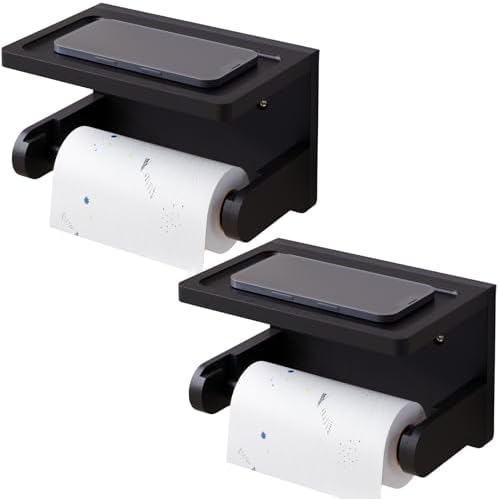 VERTORGAN 2 Pack Bamboo Toilet Paper Holder with Phone Shelf(Black) by VERTORGAN
