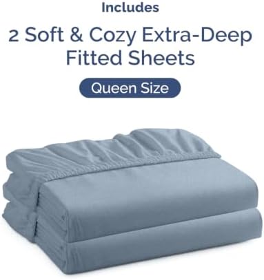 CGK Linens 2 Pack Extra Deep Queen Fitted Sheets - Heathered Blue - Image 4