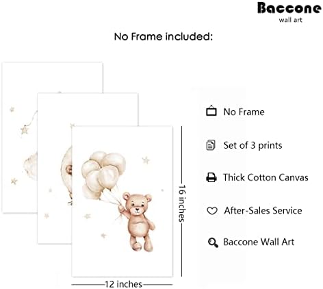 Baccone Bear Nursery Wall Art Decor Set of 3 Teddy Bear Canvas Wall Art Baby Boy Nursery Decor Prints Neutral Pictures Moon Star Cloud Print for Girls Children Room 12x16 Inch Unframed - Image 2