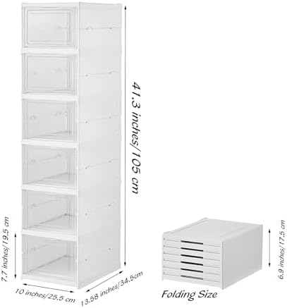 Plastic Shoe Organizer - Stackable and Foldable 6-Tier Shoe Boxes for Closet, Clear and Space-Saving Sneaker Containers, No Assembly Required - Image 3