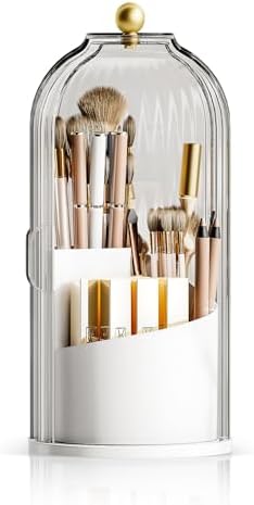 Dustproof Toothbrush Holder with Lid, 360 Rotating Countertop Electric Toothbrush Toothpaste Holders with Cover for Bathroom, 3 Slots Makeup Brush Holder with Lid for Vanity, White-Clear by MSHOMELYDIRECT