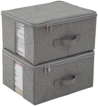 Under Bed Storage with Clear window/ 600D Sturdy Fabric, Underbed Storage Containers Bags for Clothes, Clothing, Blanket, Comforters Organizer (M（13.7x11x7in） for 8-10 T shirts, Light grey) by CANFODUS