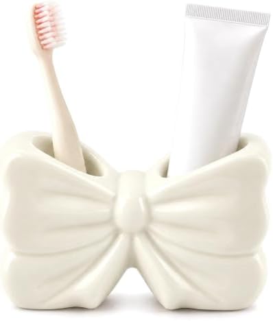 White Bow Toothbrush Holder, Ceramic 2-Slot Toothbrush and Toothpaste Organizer, Cute Bathroom Counter Storage Rack for Toothbrushes, Floss, Razors & Daily Oral Care Items by Unknown