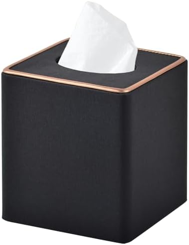 Linen Square Tissue Box Cover,Cube Tissue Box Holder－Excellent Rosegold Leather Decoration,Table Napkin Case Dispenser,Facial Tissues Organizer with Magnetic Bottom for Home Office Car(Black) by RHCSZ