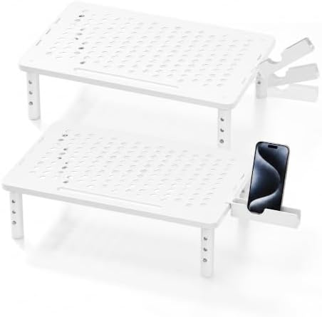 Computer Monitor Stand Riser for Desk, 3 Height Adjustable PC Laptop TV Desktop Monitor Stand Shelf, Metal Printer Table with Phone Holder, Stand Riser for Desk, Office Desk Organizers and Accessories, White 2 Pack by Canyora
